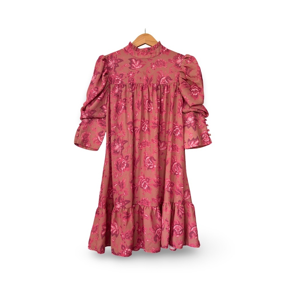 Boohoo PRINTED PUFF SLEEVE RUFFLE NECK SMOCK DRESS Medium - Picture 3 of 6